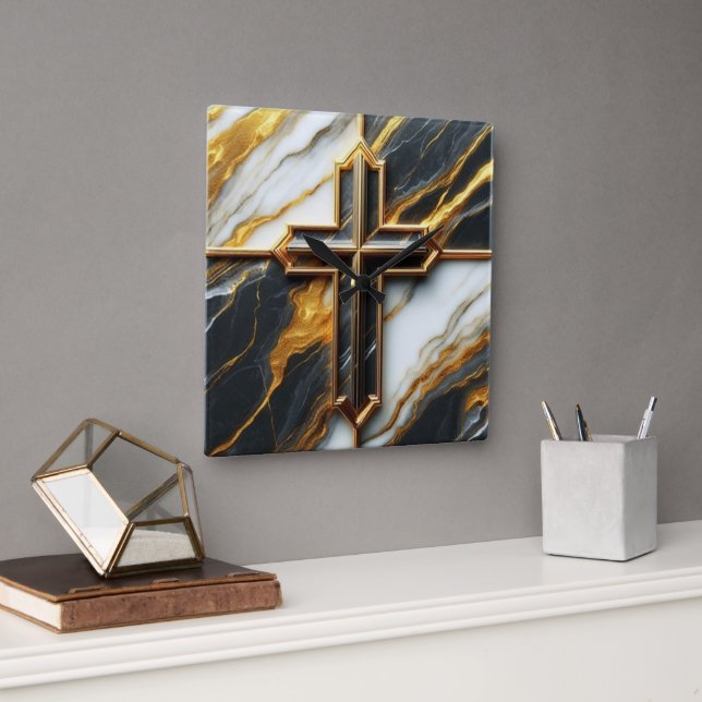 Unveiled Black and White Marble Cross With Gold  Square Wall Clock (Office)