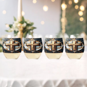 Unveiled Black and White Marble Cross With Gold Stemless Wine Glass