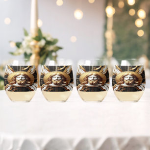 Unveiled Black and White Marble Cross With Gold Stemless Wine Glass