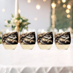 Unveiled Black and White Marble Cross With Gold Stemless Wine Glass