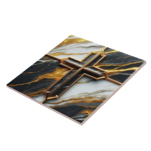 Unveiled Black and White Marble Cross With Gold Tile (Side)