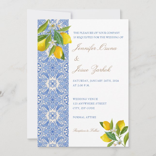 Unveiling Amore: Italian Tiles and Lemon Zest Wedd Invitation (Front)