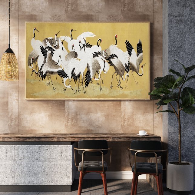 Unveiling the Beauty: Japanese Flock of Cranes Poster ("A Brush with History: Japanese Flock of Cranes (18th Century) Vintage Painting by Ishida Yūtei")