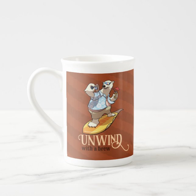 Unwind With A Brew Funny Surfing Polar Bear Bone China Mug (Left)