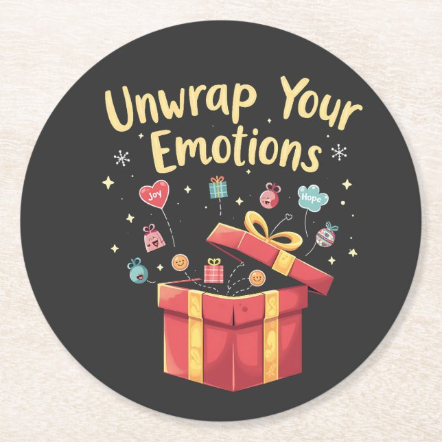 Unwrap your emotions Christmas Mental Health Xmas  Round Paper Coaster (Front)