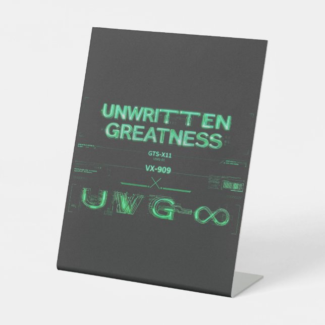 "Unwritten Greatness" Cyberpunk Tabletop Sign (Front)