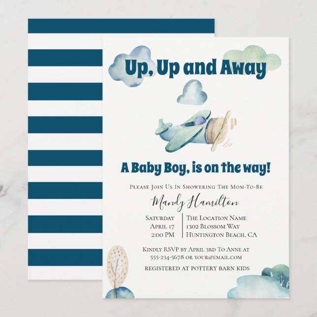 Up And Away Aeroplane Baby Shower Invitation (Front/Back)