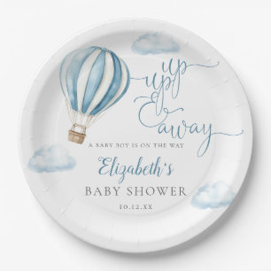 Up And Away Blue Hot Air Balloon Boy Baby Shower Paper Plate