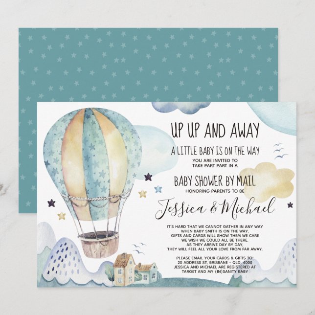 Up and Away Hot Air Ballon | Baby Shower by Mail Invitation (Front/Back)