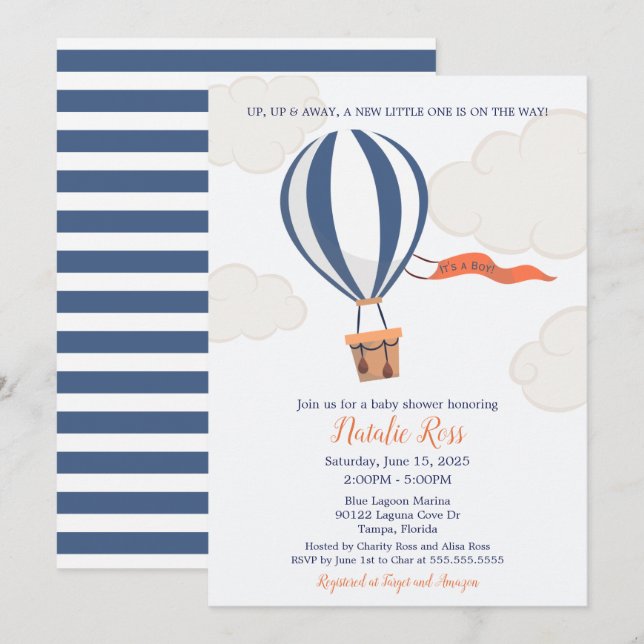 Up and Away Hot Air Balloon Boy Baby Shower Invitation (Front/Back)