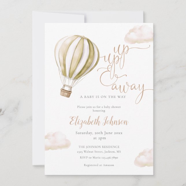 Up And Away Hot Air Balloon Neutral Baby Shower Invitation (Front)