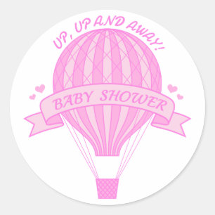 Up and away, pink hot air balloon baby shower classic round sticker