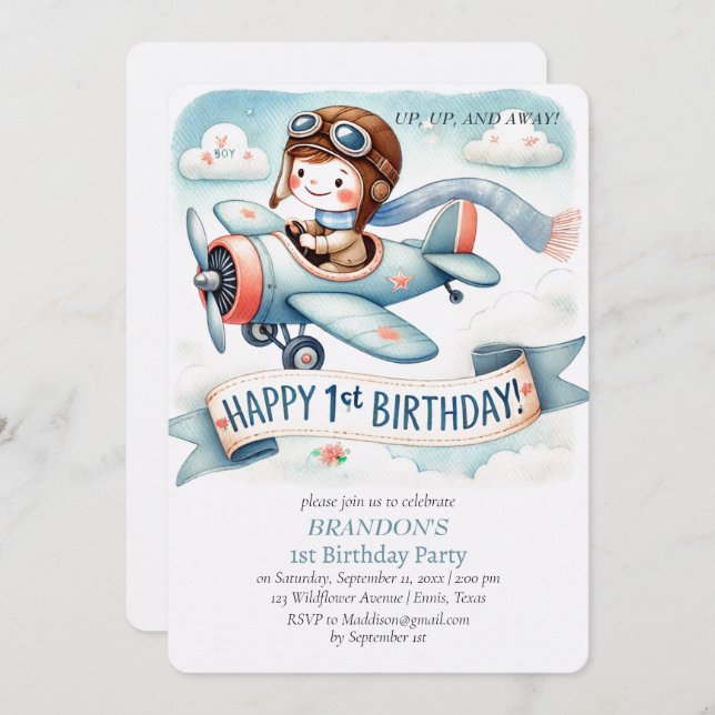 Up & Away 1st Birthday Boy Aeroplane Invitation (Front/Back)
