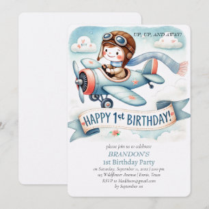 Up & Away 1st Birthday Boy Aeroplane Invitation