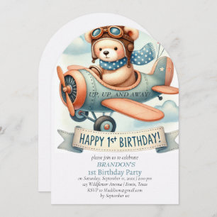 Up & Away 1st Birthday Boy Aeroplane Invitation