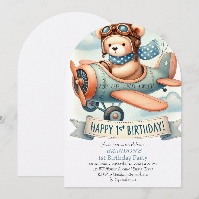 Up & Away 1st Birthday Boy Aeroplane Invitation (Front/Back)