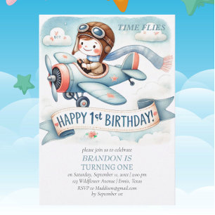 Up & Away 1st Birthday Boy Aeroplane Invitation