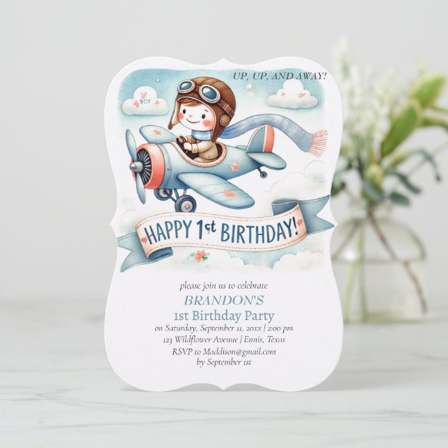 Up & Away 1st Birthday Boy Aeroplane Invitation (Standing Front)