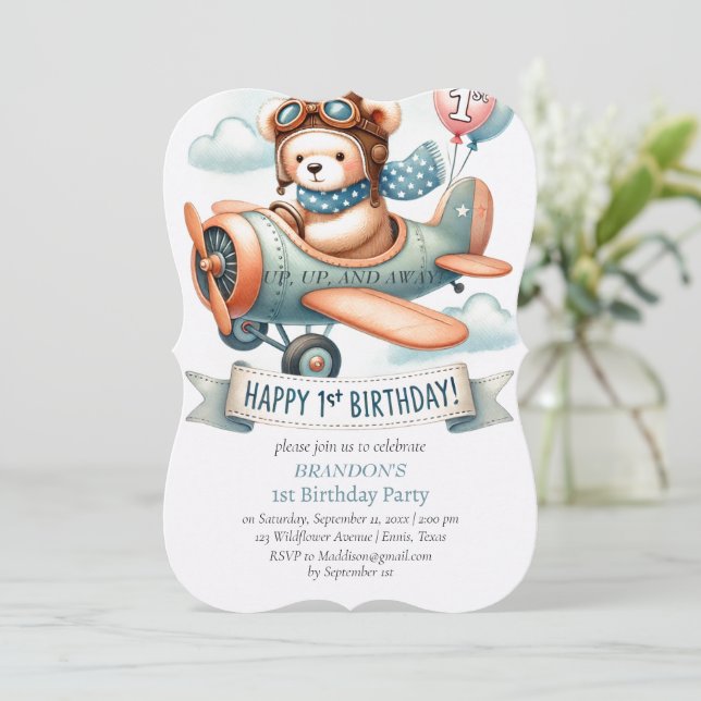 Up & Away 1st Birthday Boy Aeroplane Invitation (Standing Front)