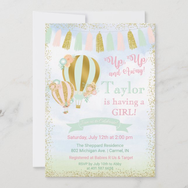 Up & Away Hot Air Balloon Baby Shower Invitation (Front)