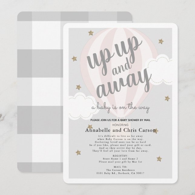 Up Away Hot Air Balloon Pink Baby Shower by Mail Invitation (Front/Back)
