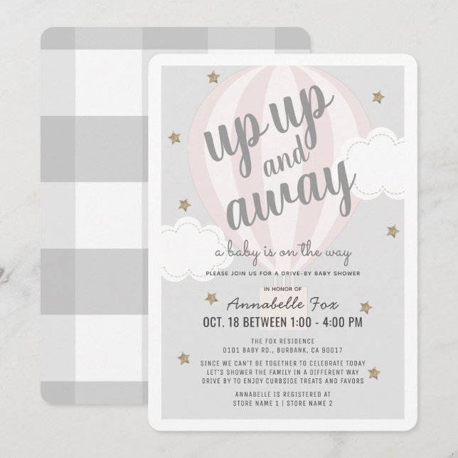 Up Away Hot Air Balloon Pink Drive-by Baby Shower Invitation (Front/Back)