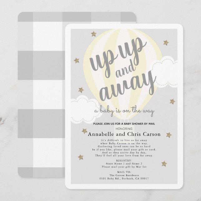Up Away Hot Air Balloon Yellow Baby Shower by Mail Invitation (Front/Back)
