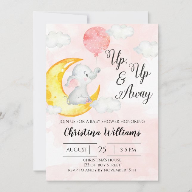 Up Away Pink Watercolor Elephant Girl Baby Shower Invitation (Front)