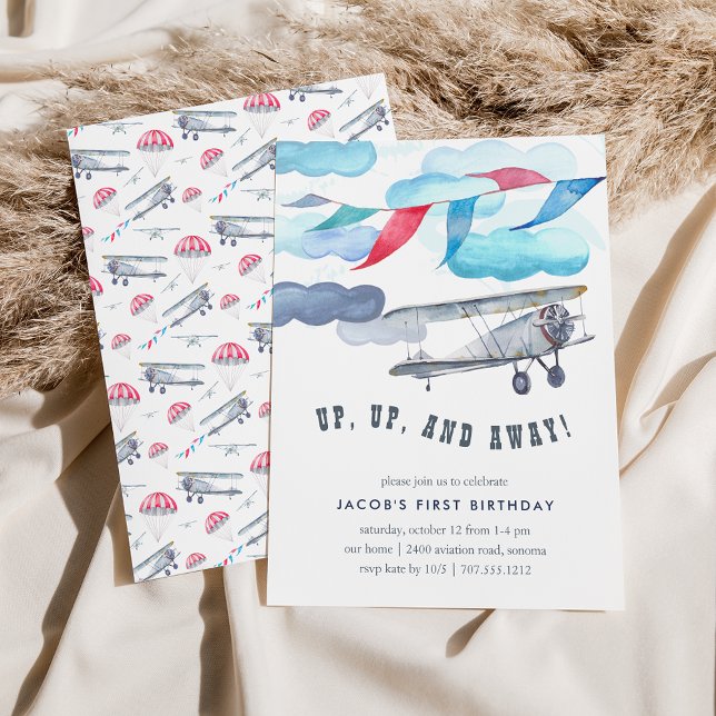 Up & Away | Vintage Aeroplane Birthday Party Invit Invitation (Creator Uploaded)