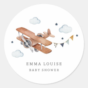 Up & Away, Vintage Watercolor Aeroplane Baby Showe Classic Round Sticker