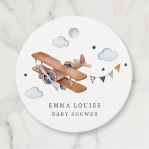 Up & Away, Vintage Watercolor Airplane Baby Shower Favour Tags