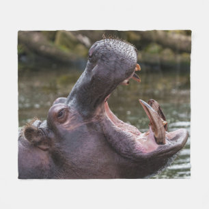 Up Close with a Hippo: Teeth on Display Fleece Blanket