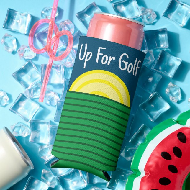 "Up For Golf." Funny Quote. Blue and White Seltzer Can Cooler (In Situ Summer)