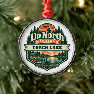Up North Michigan Torch Lake Outdoor Emblem Metal Tree Decoration
