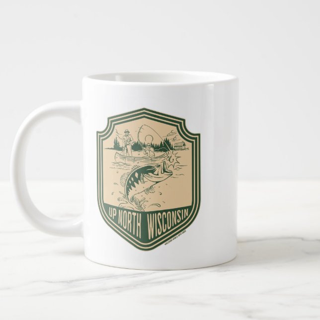 Up North Wisconsin Fishing Badge Large Coffee Mug (Left)