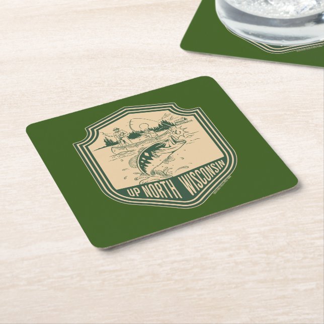 Up North Wisconsin Fishing Badge Square Paper Coaster (Angled)