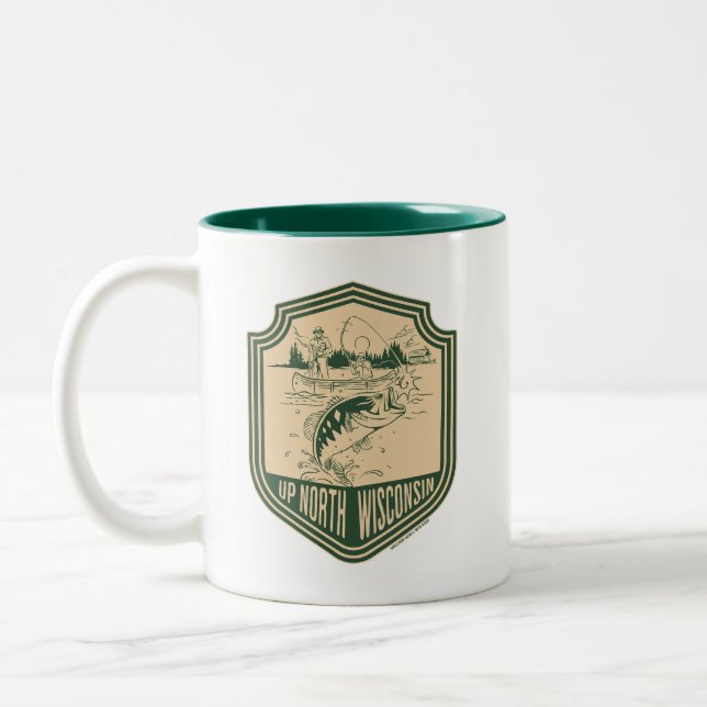 Up North Wisconsin Fishing Badge Two-Tone Coffee Mug (Left)