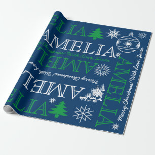 Up to 6 Letters Name or Text Christmas Blue Green Wrapping Paper
