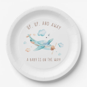 Up Up and Away Aeroplane Baby Shower Theme Paper Plate