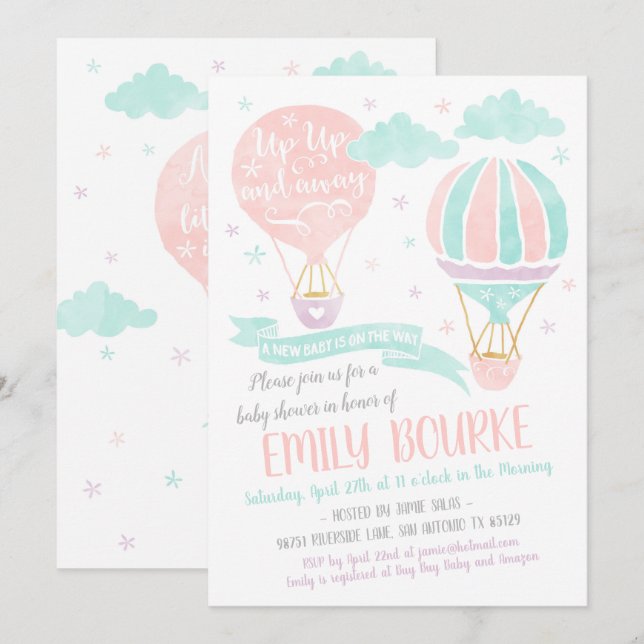 Up Up and Away Baby Shower Hot Air Balloon Invitation (Front/Back)