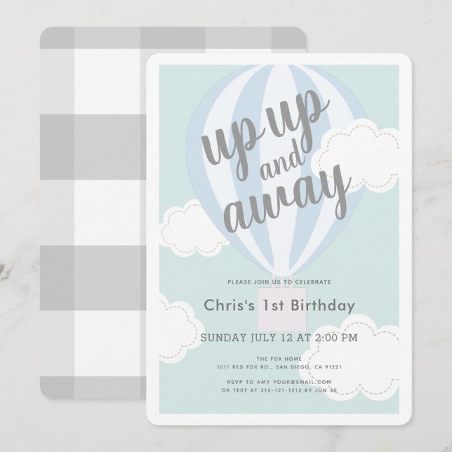 Up Up and Away Blue Hot Air Balloon 1st Birthday Invitation (Front/Back)