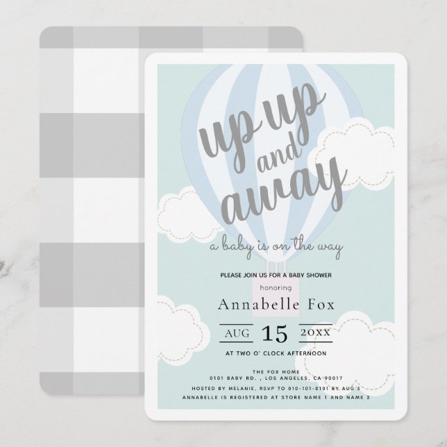 Up Up and Away Blue Hot Air Balloon Baby Shower Invitation (Front/Back)