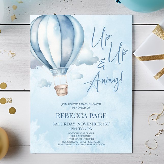 Up Up and Away! Blue Hot Air Balloon Baby Shower Invitation (Creator Uploaded)