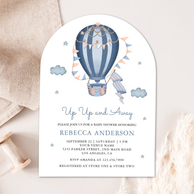 Up Up and Away Blue Hot Air Balloon Baby Shower Invitation (Creator Uploaded)