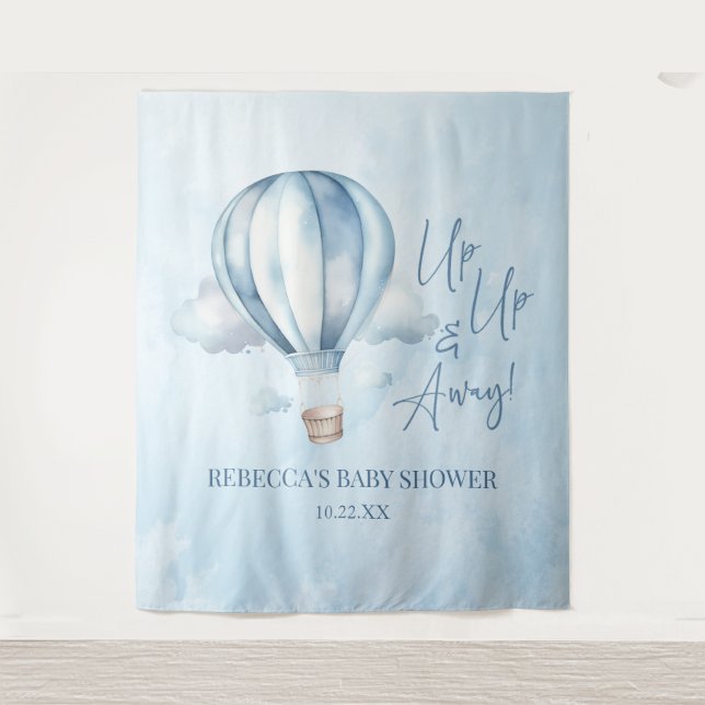 Up Up and Away! Blue Hot Air Balloon Baby Shower Tapestry (Front)