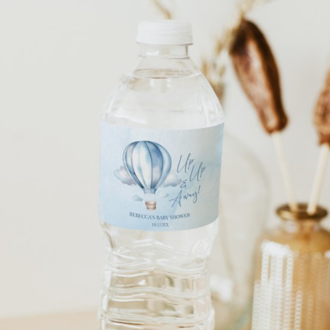 Up Up and Away! Blue Hot Air Balloon Baby Shower Water Bottle Label (Creator Uploaded)