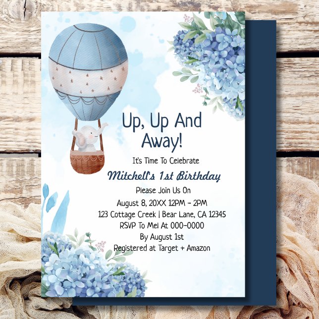 Up up and away boy hot air balloon elephant  invitation (Creator Uploaded)