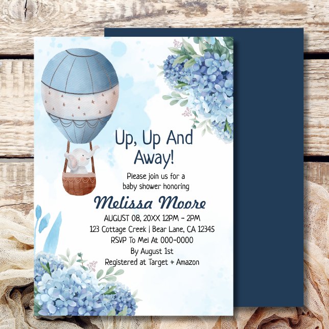 Up up and away boy hot air balloon elephant  invitation (Creator Uploaded)