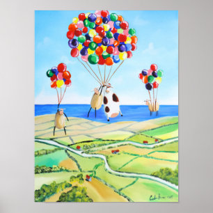 Up, up and away cow and sheep balloons poster