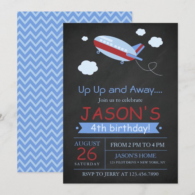 Up up and away cute aeroplane chalkboard birthday invitation (Front/Back)